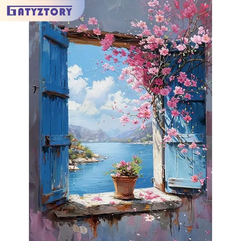 Gatyztoire moderne bricolage peinture par numéros Kits fenêtre paysage coloriage par numéros peinture acrylique 40x50 cm pour adultes bricolage cadeau