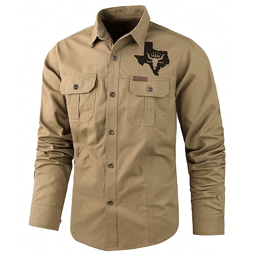 Herren Texas Kuhmuster Arbeitshemd Westernhemd Cargohemd Langarm Lässig Taktisch Sport Outdoor Ausgehen Winter Frühling Herbst Umlegekragen Druck Schwarz Armeegrün Khaki Beige Image