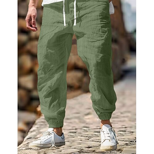 Herren Leinenhosen Hose Sommerhose Elastischer Bund Gerader Schnitt Hohe Taille Einfarbig Komfort Atmungsaktiv Volle Länge Lässig Täglich Heim Urlaub Mode Blau Graues Grün Hohe Taille Unelastisch Image