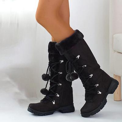 Women's Black Faux Fur Winter Boots with Pom-Pom Laces - Warm Insulated, Knee-High Design, Non-Slip Soles for Cold Weather and Snowy Days