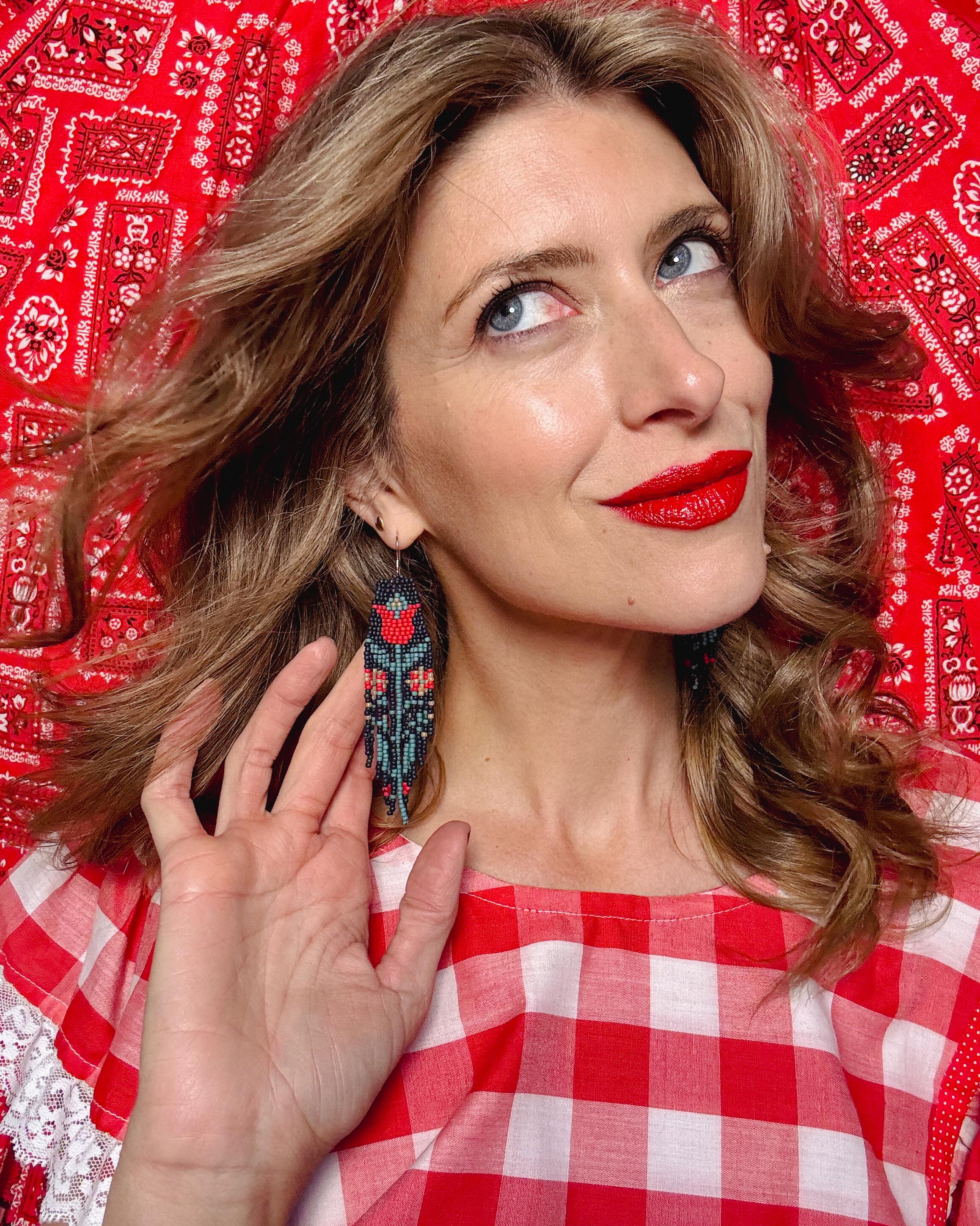 Abstract tulip -Handwoven beaded earrings,long modern earrings,red tulip earrings, flower,fringe earrings,gift for her, dark blue earrings