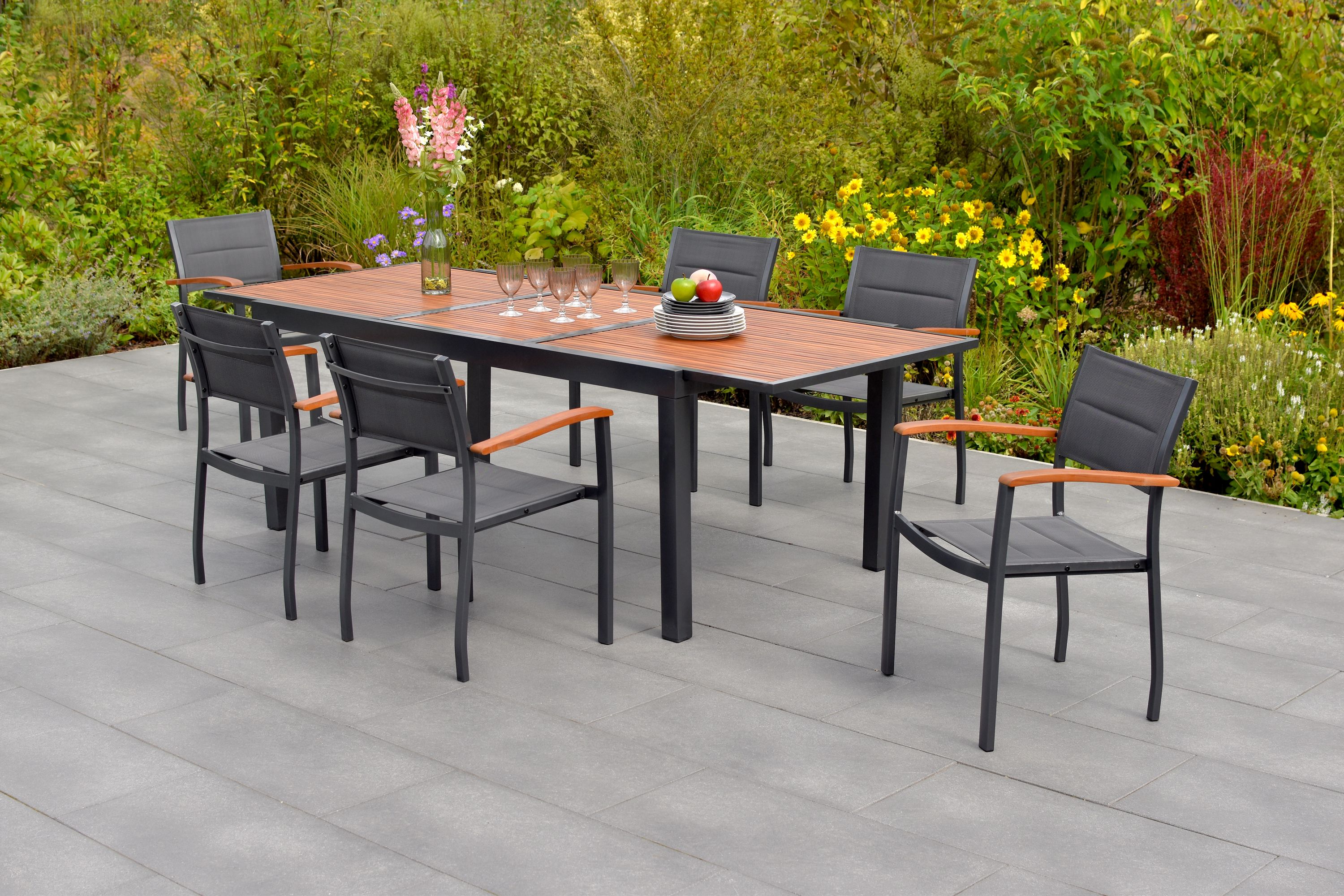 Garten-Essgruppe MERXX "»Paxos«", grau (grau, grau, graphit), Aluminium, Massivholz, Polyester, Sitzmöbel-Sets, Ausziehtisch: LxB: 180-240 x 100 cm