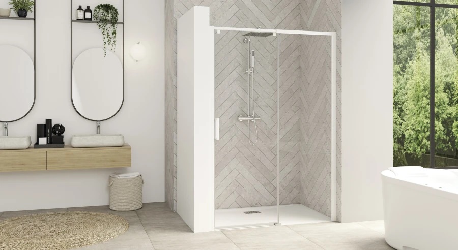 Paroi de douche SMART DESIGN C 127 - 140 cm coulissant profilé blanc sans seuil verre transparent gauche largeur 140 cm KINEDO PA9234BTNEG