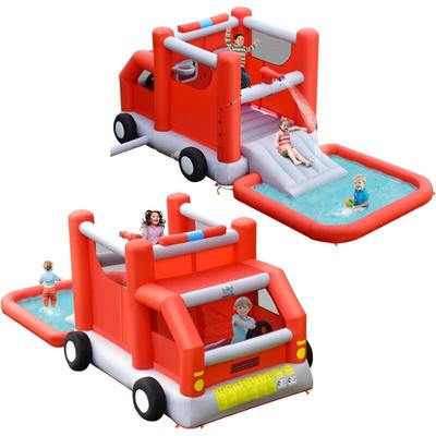 GOPLUS Aufblasbare Hüpfburg Feuerwehrauto, Kabine, Sprungbett, Rutsche, Pool, Oxford-Stoff, Image