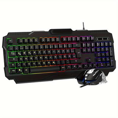 TEMU Qwertz Layout German Gaming Keyboard And Mouse Sets, Full Size Computer Keyboard With Led Backlit, Multimedia Keys, Anti-ghosting, Usb Wired Keyboard For Pc Gamer & Office