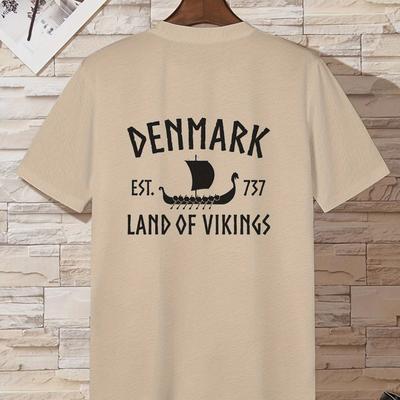 TEMU Men's Plus Size Casual T-shirt, Denmark Flag , Polyester 100 Neck Short Sleeve Tee, Stretch Knit Fabric, Summer Top For , Big & Tall Fit - 150gsm Image