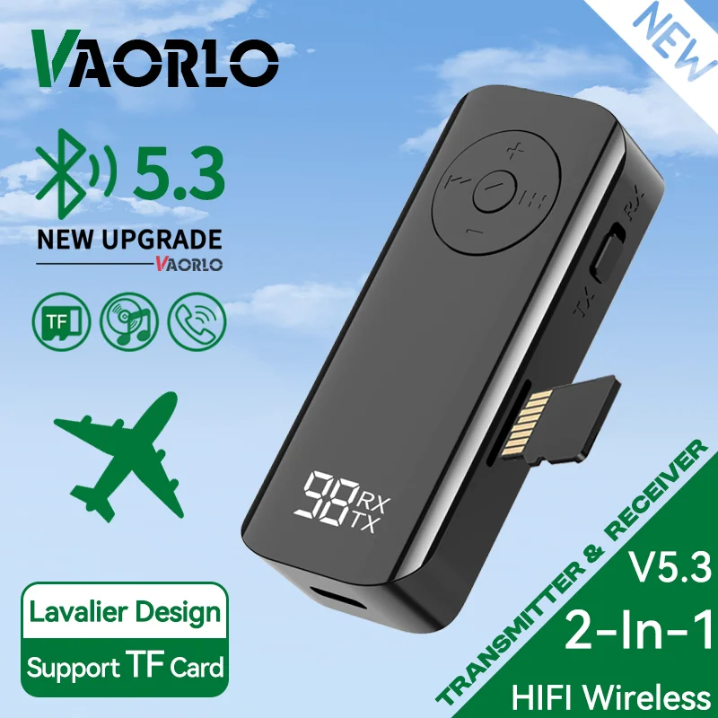 Bluetooth 5,3 Audio Sender Empfänger 3,5 MM AUX Unterstützung TF Karte Spielen MIC Kragen-Clip Wireless Adapter Für Auto flugzeug TV PC Image