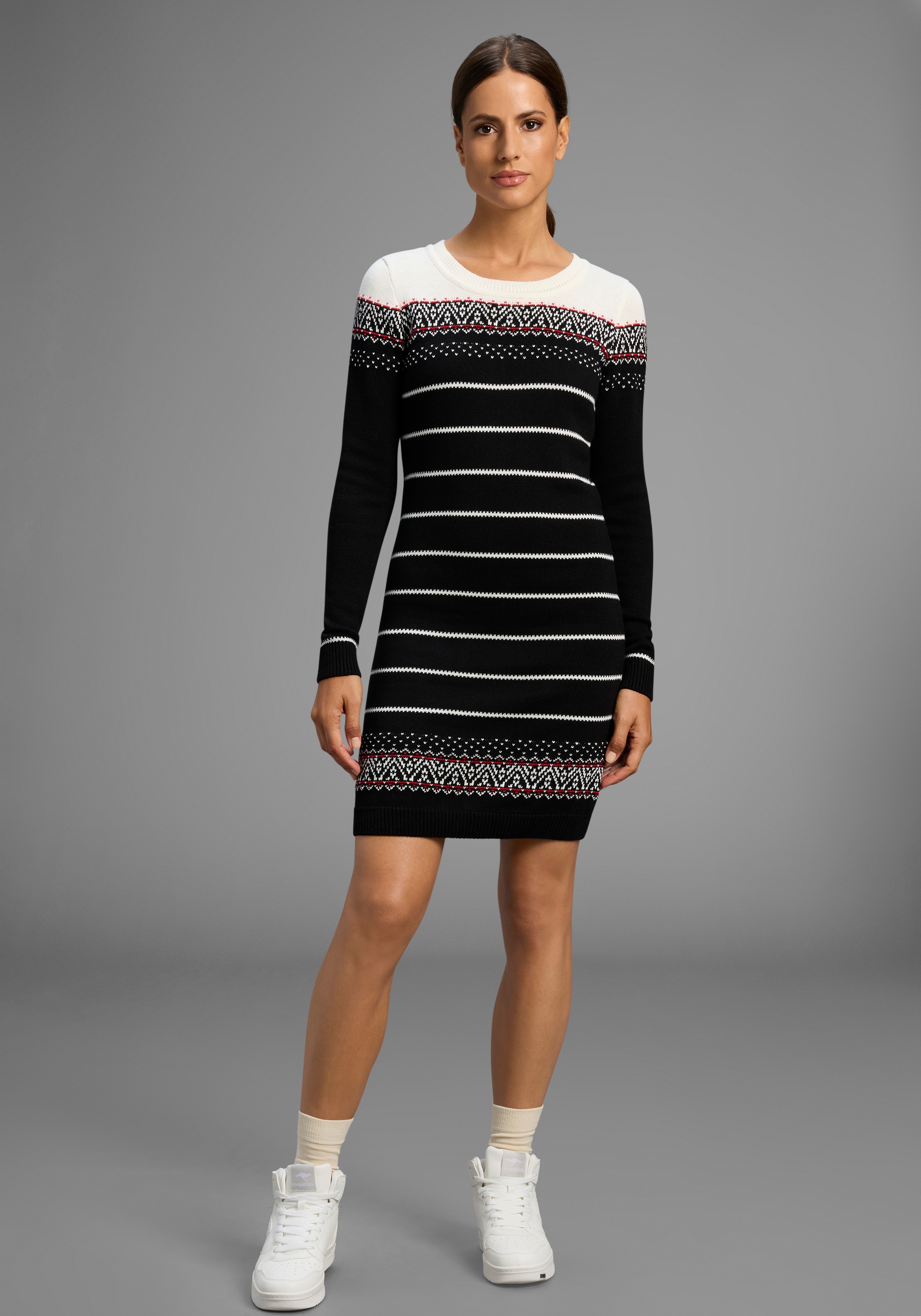 Strickkleid KANGAROOS, Damen, Gr. 40, N-Gr, schwarz (schwarz gemustert), Strick, Obermaterial: 50% Baumwolle, 50% Polyacryl, gemustert, figurbetont mini, Rundhals, Rippbündchen, Kleider Strickkleid, figurbetont, im Norweger-Stil, aus...