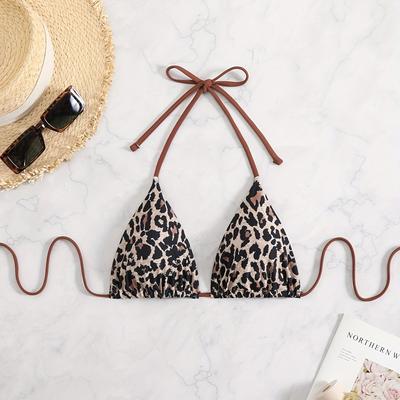 TEMU Leopard Print Triangle Halter Tie Strap Backless Sexy Bikini Top, Women's Swimwear & Clothing Image