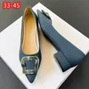 Damenschuhe super große Größe 45 3cm Block Arbeits absätze Pumps spitzen Zehen Mikro faser weiches Leder Slip-On grün Königsblau neueste
