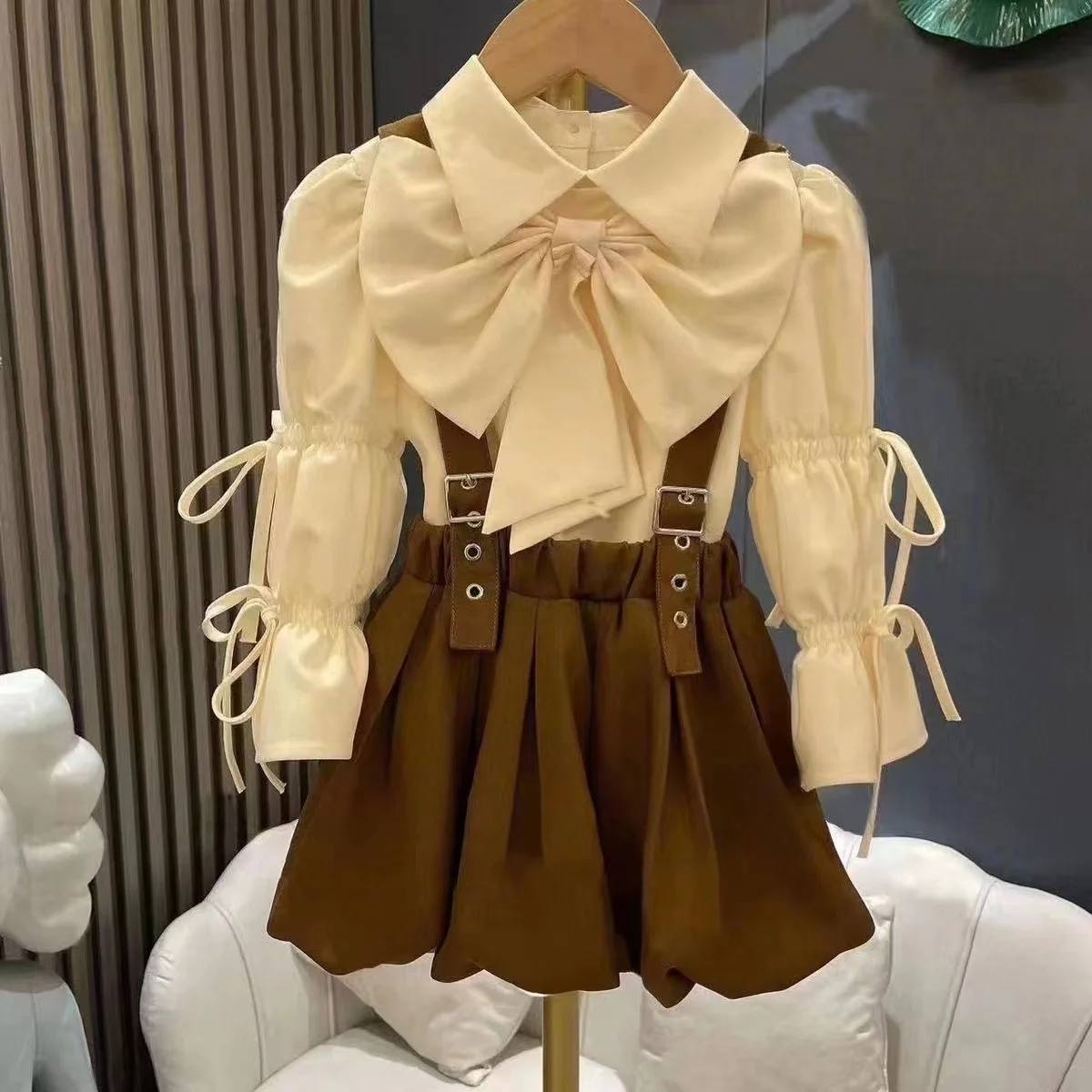 Ensemble de tenues mignonnes pour filles, vêtements avec nœud, chemise + jupe d