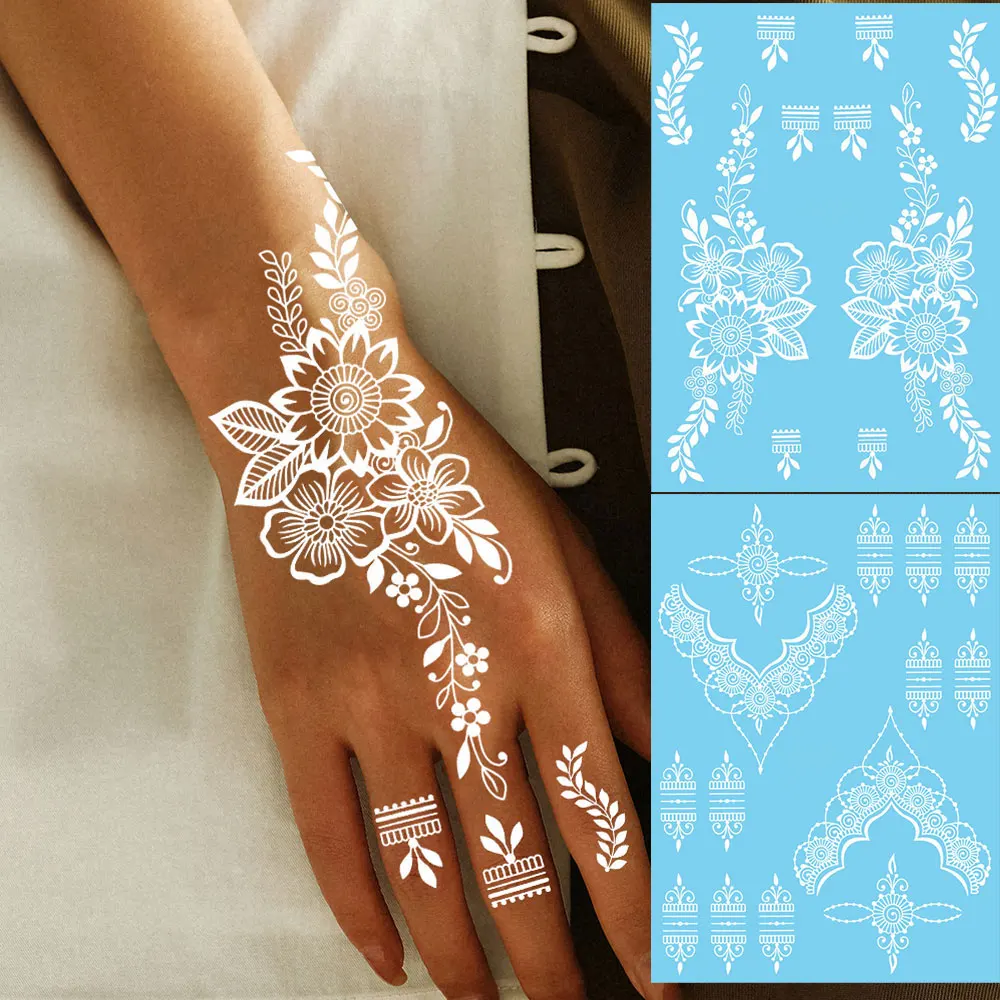 Henna Temporäre Tattoos Frauen Weiße Henna Tattoo Aufkleber für Hand Mehndi Körperkunst Hochzeit Party Tattoo Fake Image