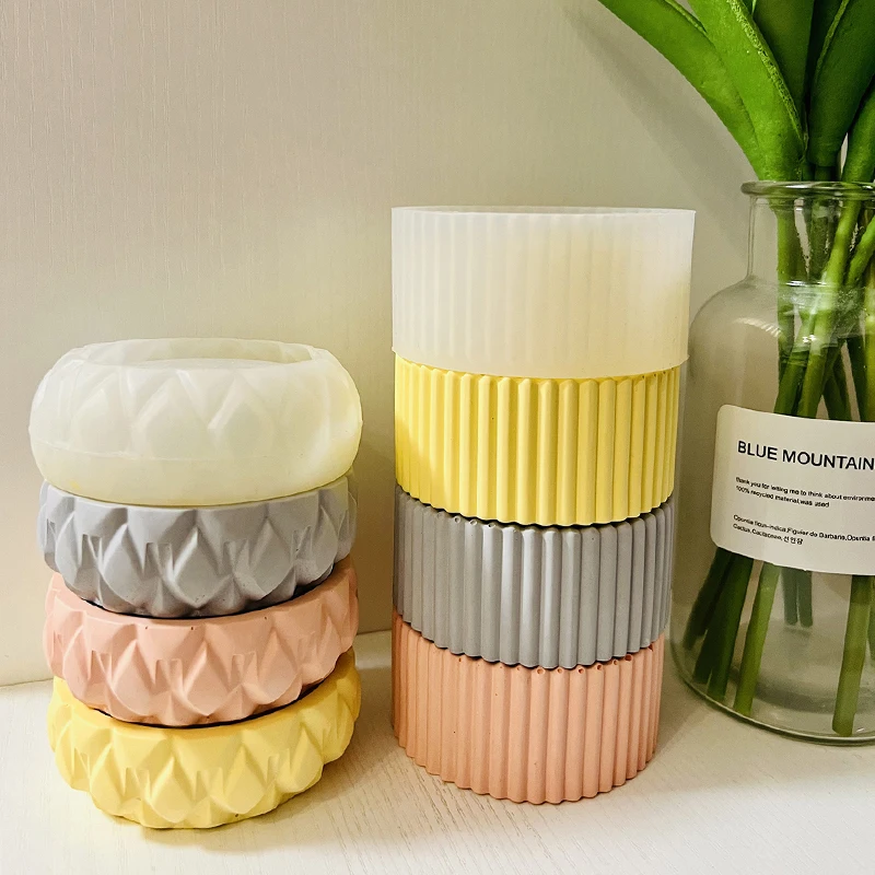 Klassische gestreifte Kerze Tasse Zement Form Runde Kerzenhalter Silikon Form Beton Kerze Gefäß Form Schmuckstücke Lagerung Gericht Form Image