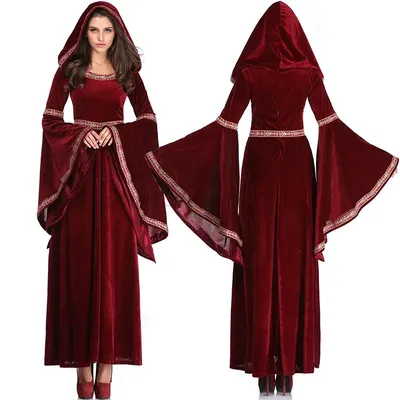 Mittelalter liches Retro viktoria nisches Kleid für Frauen Halloween Party Vampir Hexen kostüm Gothic Red Flare Ärmel Kapuze langes Kleid Vestidos Image