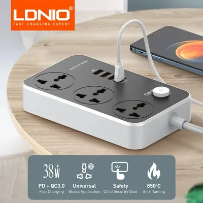 LDNIO Steckdosenleiste, 3 Steckdosen, 4 USB-Anschlüsse, Netzwerkfilter mit Schalter, 2 m Image