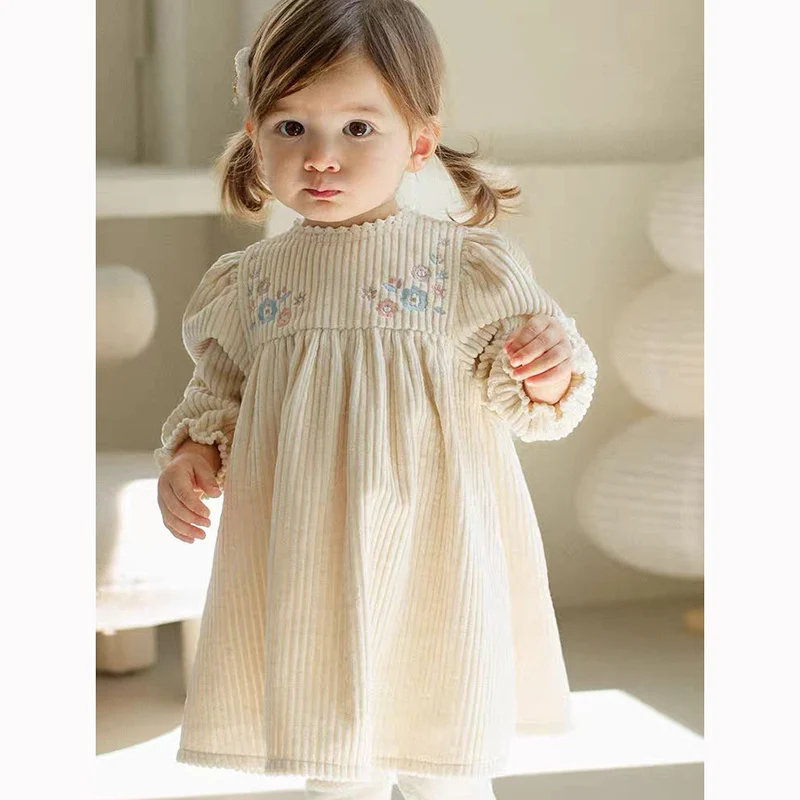 Kinder Outfits Herbst Baby Mädchen Cord Prinzessin Kleid Gestickte Blumen Puff Sleeve Kleid Kinder Retro Casual Lose Kleider Image