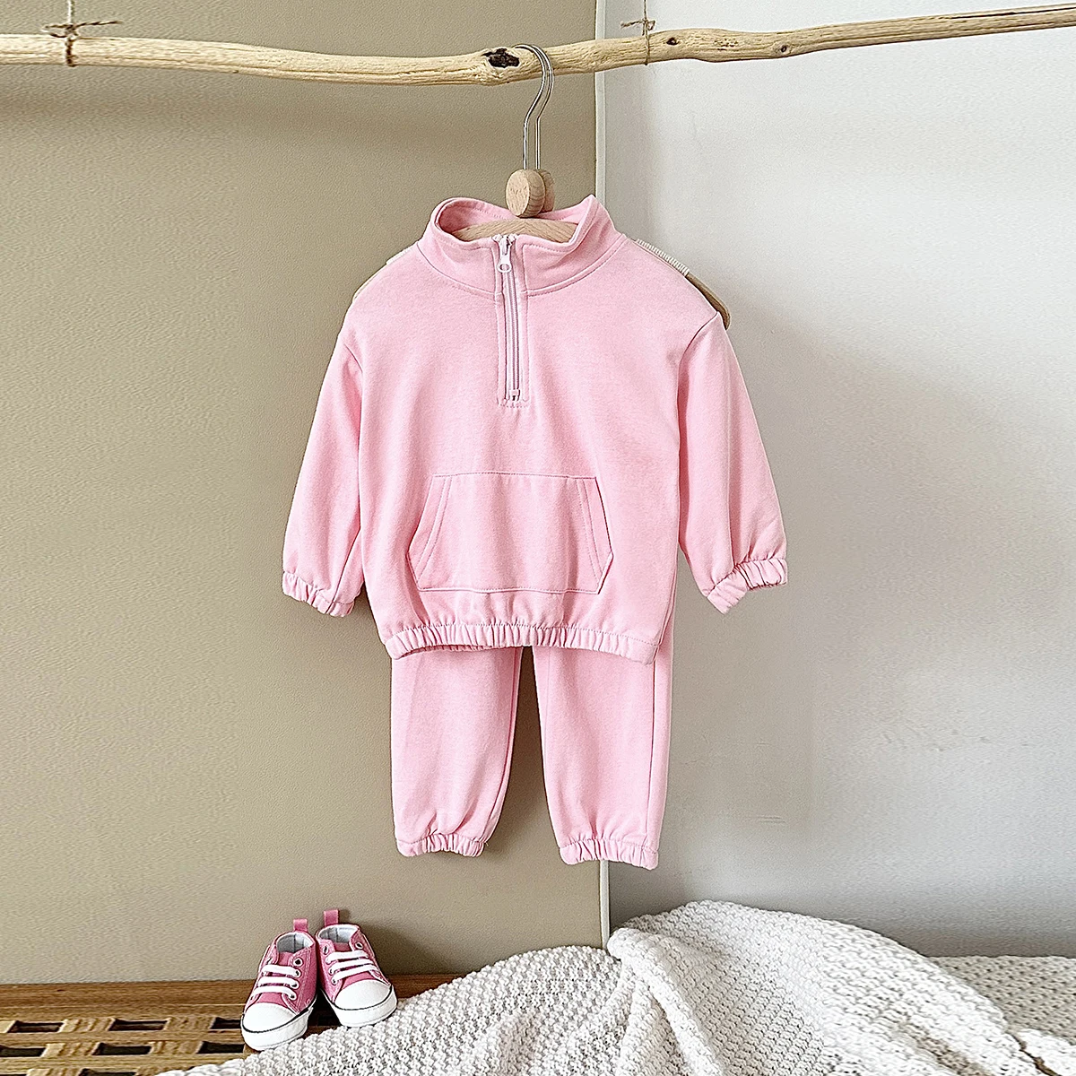 Neue Frühling Herbst Neugeborenen Jungen Mädchen Mode Kleidung Kinder Sportswear Halb offene pullover Tasche Hosen Zwei-stück Set Image