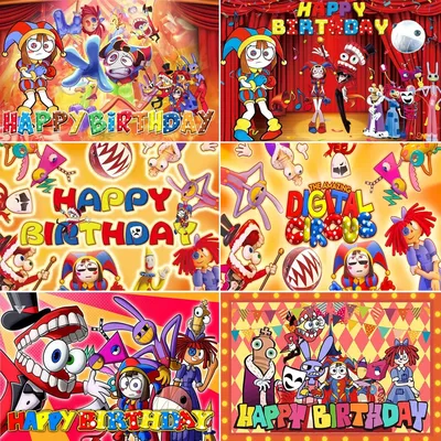 Amazing Digital Circus Birthday Theme Party Background Custom Banner Red Cartoon Kids Baby Shower