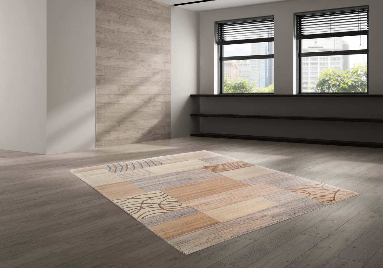 Wollteppich THEKO "Nakarta 2" Gr. 7, beige, B:250cm H:12mm L:350cm, Schurwolle, Teppiche, reine Wolle, handgeknüpft, Patchworkdesign, meliert Image