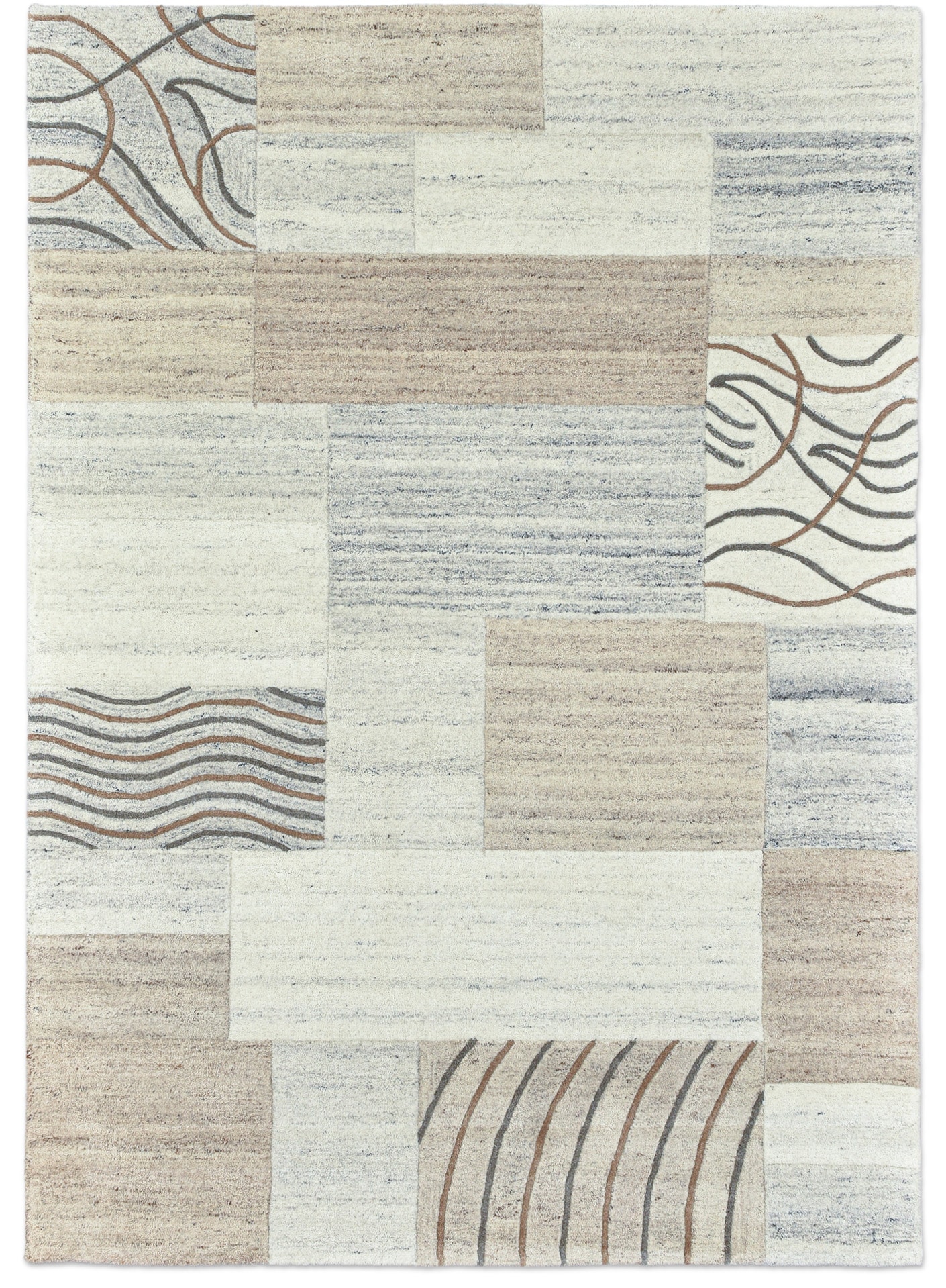 Wollteppich THEKO "Royal Natur 4028", grau, B:250cm H:14mm L:350cm, Wolle, Teppiche, reine Wolle, handgetuftet, Naturtöne, Patchworkdesign, meliert Image