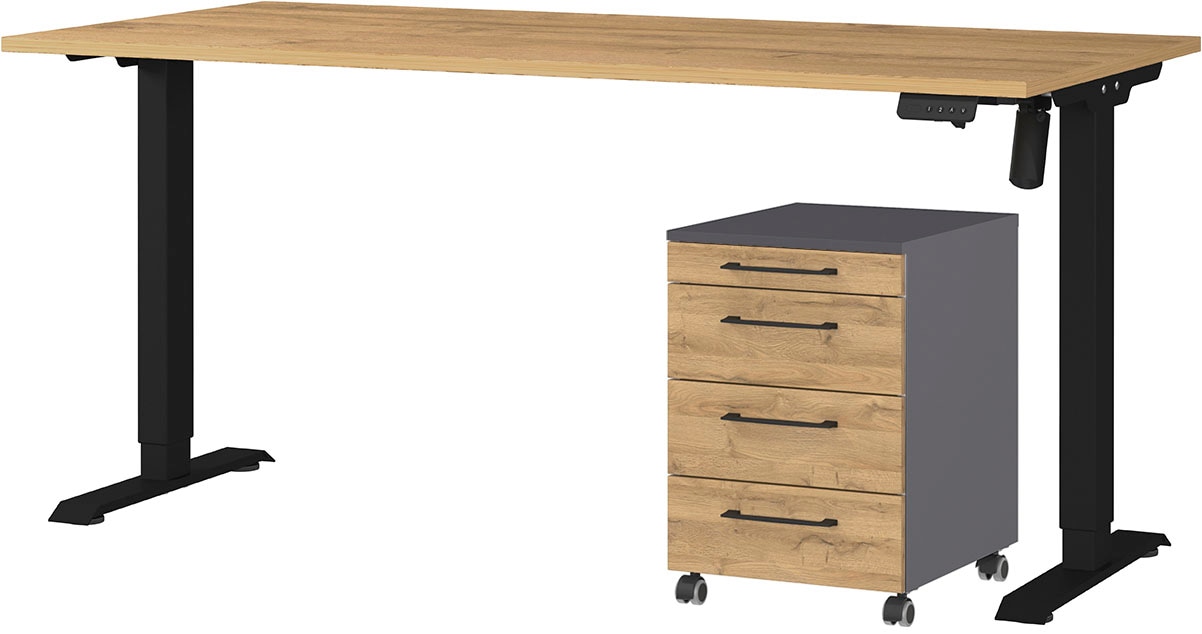 Büromöbel-Set GERMANIA "Profi 3.0", schwarz (grandson, eiche, nachbildung, schwarz), Schreibtisch 160cm breit Metall Spanplatte, Metall, Spanplatte, Arbeitsmöbel-Sets, Büromöbel-Set, Büromöbel-Set bestehend aus Schreibtisch und Rollcontainer