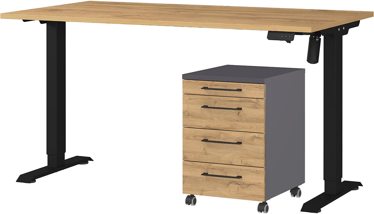 Büromöbel-Set GERMANIA "Profi 3.0", schwarz (grandson, eiche, nachbildung, schwarz), Schreibtisch 140cm breit Metall Spanplatte, Metall, Spanplatte, Arbeitsmöbel-Sets, Büromöbel-Set, Büromöbel-Set bestehend aus Schreibtisch und Rollcontainer