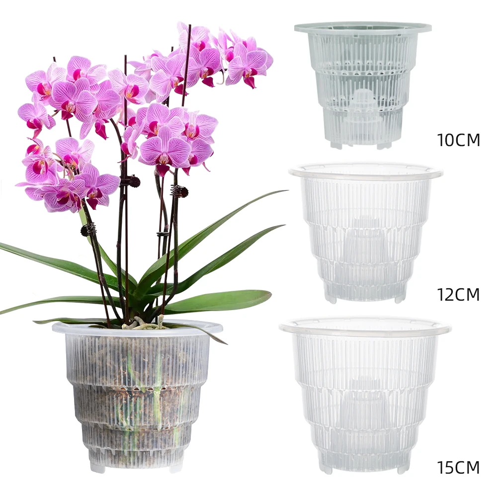 Meshpot 10 cm/12 cm/15 cm durchsichtige Orchideentöpfe aus Kunststoff mit Löchern, Luftschnittfunktion und Wurzelwachstumsfächern, Kunststoff-Blumentopf Image