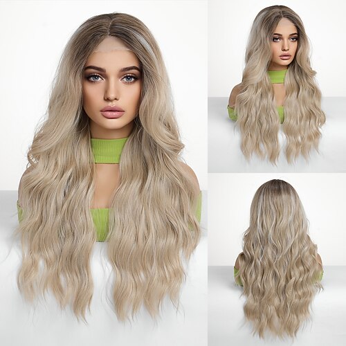 Synthetische Spitzeperücke Große Wellen Stil 26 Zoll Blond Mittelteil U-Teil Perücke Damen Perücke Hellgolden Image