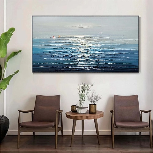 handgemachte abstrakte Meereslandschaft Ölgemälde auf Leinwand handgemachtes sonniges Ozeangemälde handgefertigt in blauen und beige Farben Gemälde für Zuhause und Büro Kunstwerk Wanddekoration