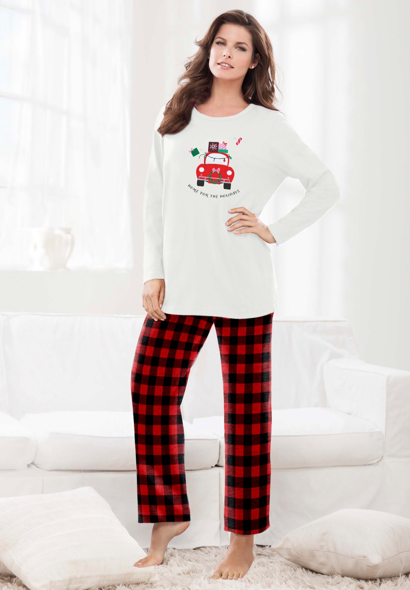 Plus Size Women's Long Sleeve Knit PJ Set by Dreams & Co. in Red Buffalo Plaid Car (Size 38/40) Pajamas