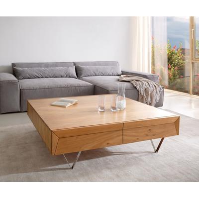 DELIFE Couchtisch Kayu 115x115 cm Akazie Natur 4 Schübe V-Fuß Edelstahl, Couchtische Image