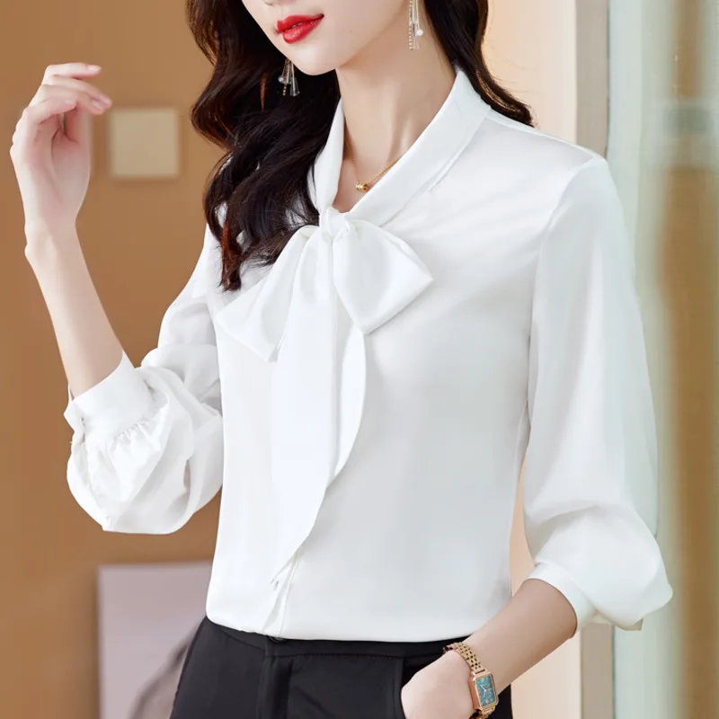 # 2509 Primavera 2025 Camicie in chiffon Camicia a maniche lunghe con colletto a fiocco da donna Camicie da ufficio nere bianche verdi rosse Camicie eleganti da donna