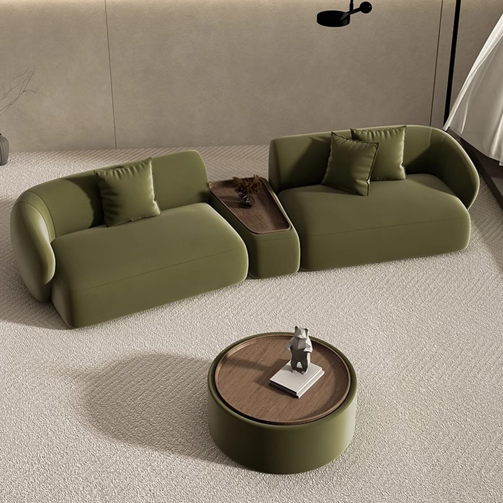 127.56" Curved Sofa with Modular Side Table, Green Flannelette Sofa, Living Room Sofa