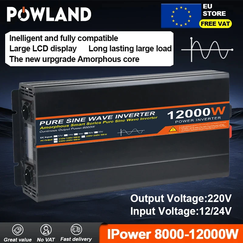 POWLAND12000W 8000W onduleur à onde sinusoïdale Pure DC 12V 24V à AC 220V convertisseur d