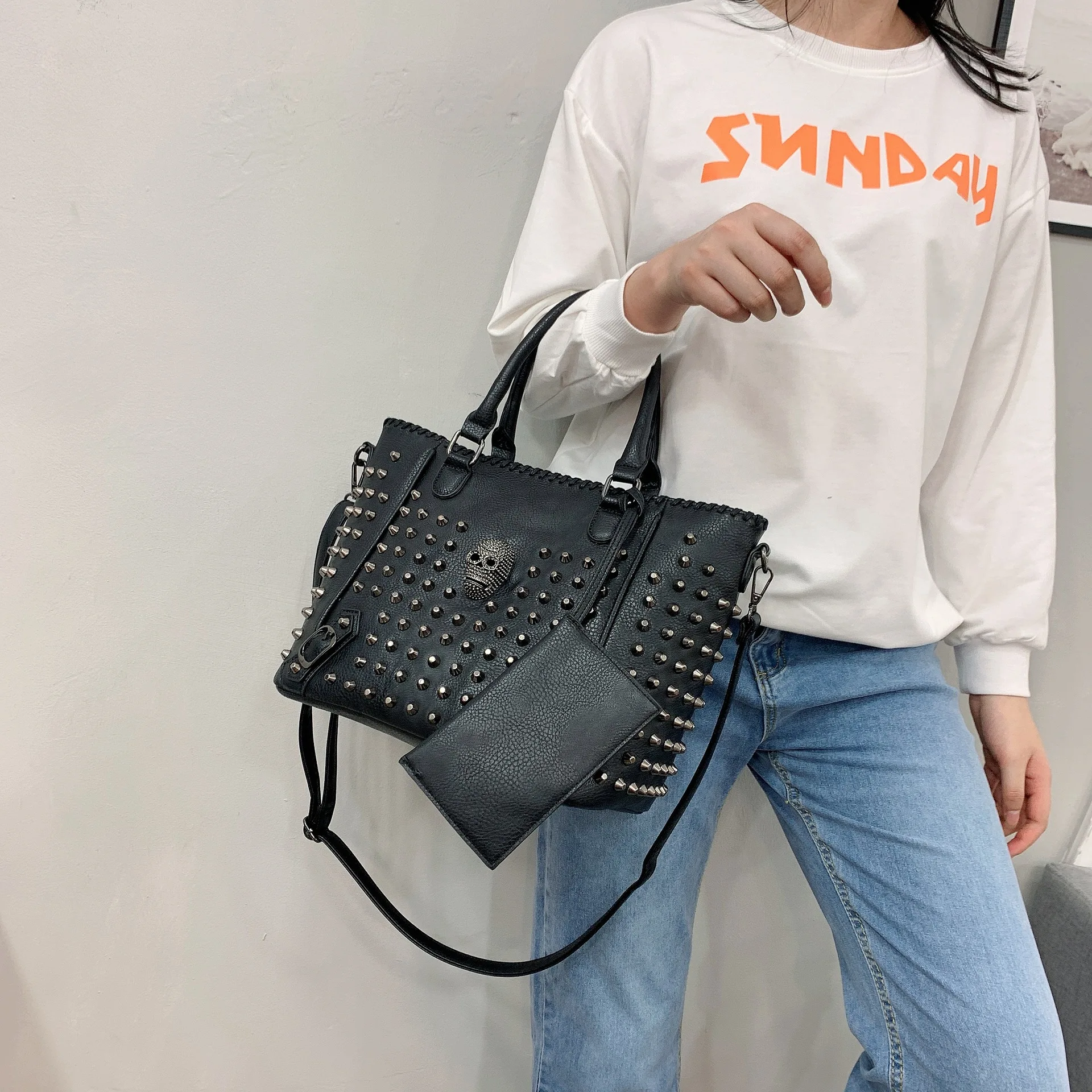 Sac à bandoulière en cuir PU noir pour femme, Cool Skull RiSALE, sacs à main initiés avec sac à main, mode féminine, fourre-tout, E27, 2 pièces