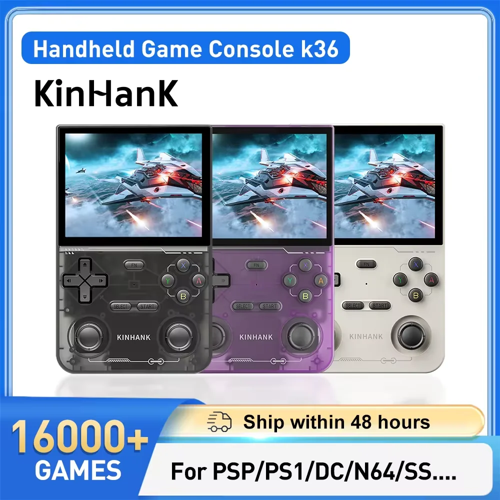 KINHANK Open Source K36 rétro Console de jeu vidéo portable 16000 émulateur de jeux pour PS1/PSP/DC/N64/SS 500nit 3.5 pouces écran IPS