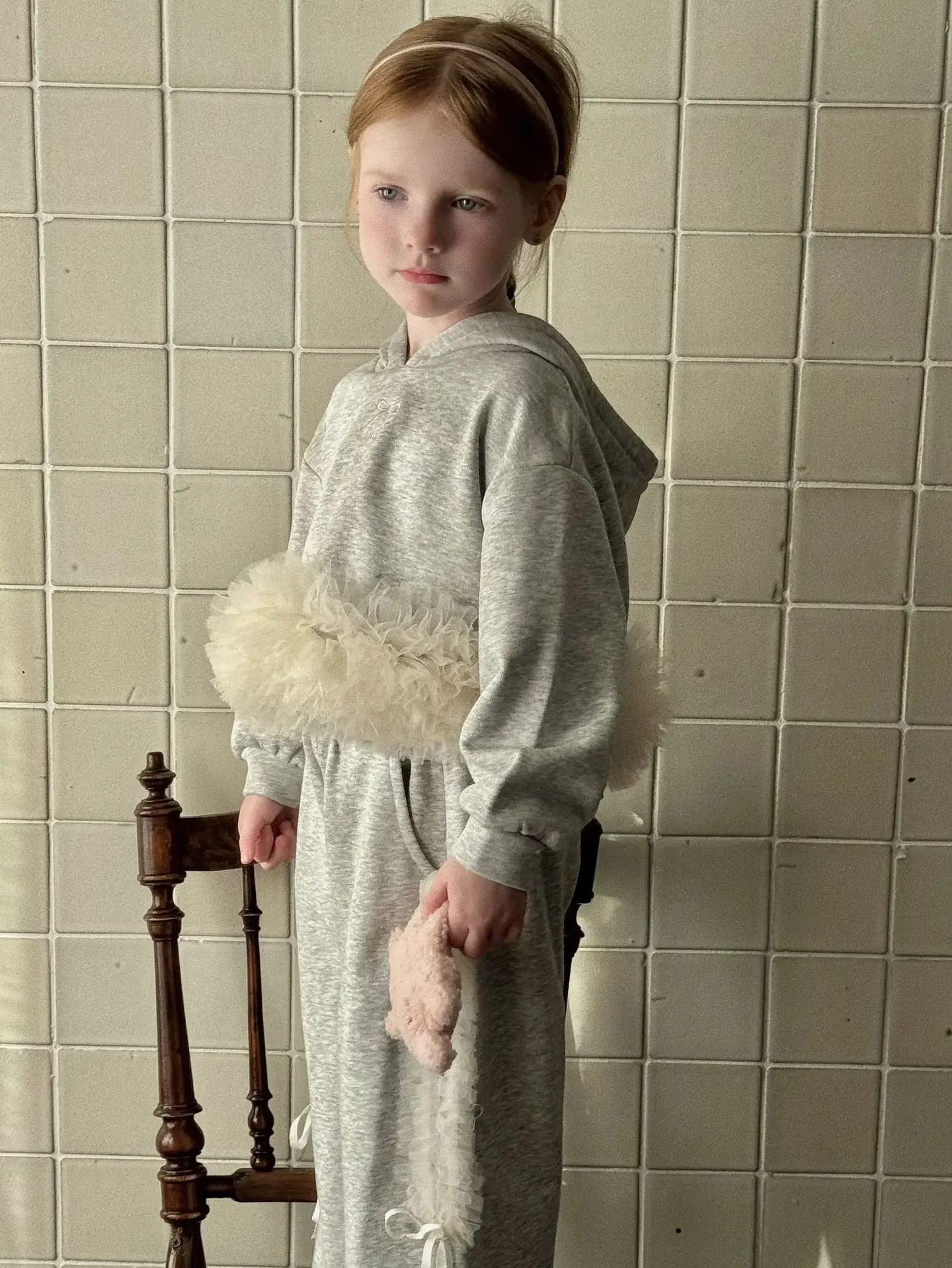 Kinder-Sets, dick gestrickt, graues Garn, Kapuzenpullover, weites Bein, Hose, modisch, solide, aktiv, 2024, einfach, kausal, vielseitig, locker Image