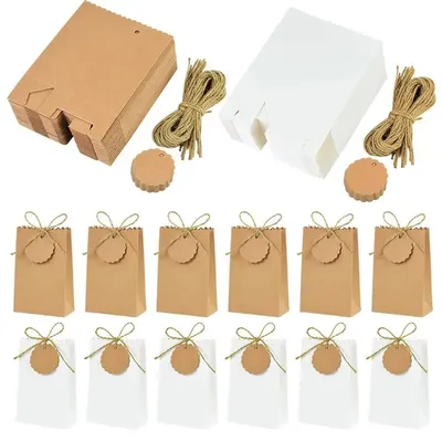 50/10pcs Kraft Paper Gift Box with Rope Retro Candy Cookie Bag Wedding Favors Birthday Party