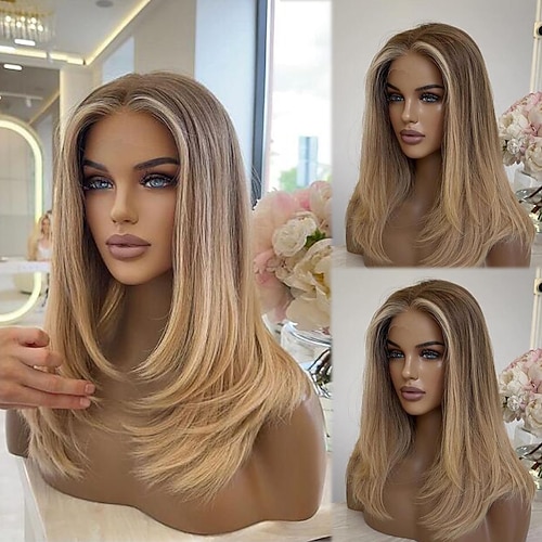 Remy Menschenhaar 13x4 Spitzenfront Perücke Bob Bubikopf Mittelteil Brasilianisches Haar Seidig gerade Blond Mehrfarbig Perücke 130% 150% Haardichte Gefärbte Haarspitzen (Ombré Hair) Strähnchen Image