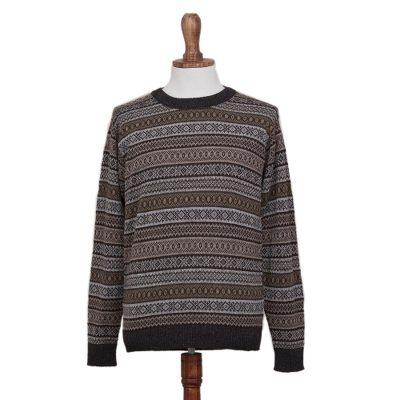 Granite,'Men's Patterned Grey and Brown 100% Alpaca Pullover Sweater'