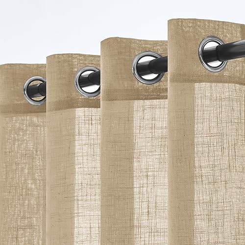 Woaboy Linen Kruz Curtains, Beige Living Room Curtains, Semi-Transparent with Eyelets, Store Curtain, Linen Look, Bedroom, Modern Eyelet Curtain, Loop Curtains, Set of 2, 140 x 160 cm (W x H), Beige
