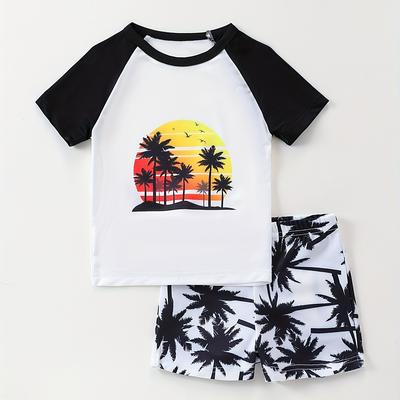 TEMU 2pcs Holiday Coconut Tree Pattern Swimsuit For Boys, T-shirt & Swim Trunks Set, Stretchy Surfing Suit, Boys Swimwear For Summer Beach Vacation