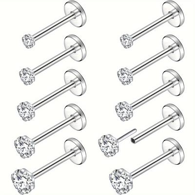 TEMU Pack Of 10 20g 18g 16g Threadless Nose Ring Stud Earrings Surgical Steel Nose Pins 1.5mm 2mm 2.5mm 3mm 4mm Cubic Zircon Nose Piercing Jewelry For Men And Women