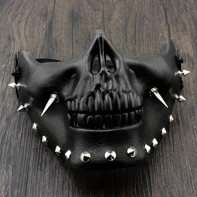 TEMU 1pc Cyberpk Black Steampunk Style Half Skull Face Mask With Rivets - , Ideal For Adults, Cosplay, Halloween, Parties, And Motorcycle Events