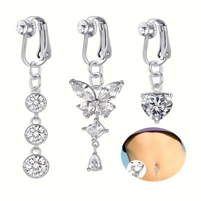 TEMU 3pcs Fake Belly Ring Fake Belly Piercing Clip On Belly Button Rings Surgical Steel Fake Belly Button Ring Fake Earrings Diamond Butterfly Dangle Non Piercing Fake Belly Piercing Jewelry