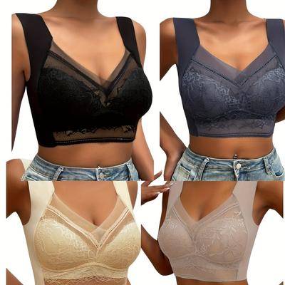 TEMU 4pcs L-5xl Plus Bras, Floral Lace Decor Sports Bra For Women, Full Coverage Wirefree Yoga Bra, Wireless Sportsbras, Comfy & Breathable Push Up Bra, Women's Lingerie & Underwear