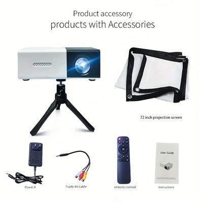 TEMU Mini Projector With 72" Curtain And Stand, Led Lifespan Up To 30, 000 Hours, Hd Compatible With Android/ios/windows/hdtv/usb, Portable Power Supply Support, .