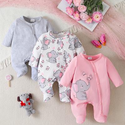 TEMU 3pcs Newborn Baby's Elephant Print Zipper Long Sleeve Footie, Toddler & Infant Girl's Comfy Footed Romper Set For Spring Fall