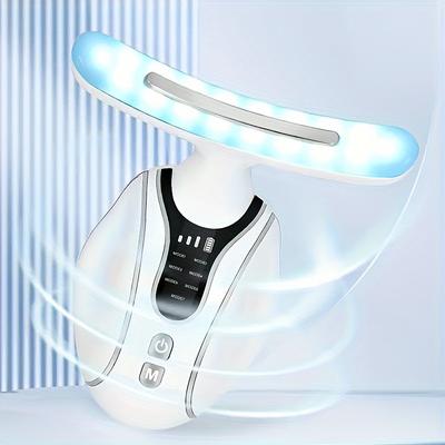 TEMU 7-in-1 Neck & Face Beauty Device For Women - Usb Rechargeable With Heat, Vibration Massage, 7 Led Colors, Fragrance-free