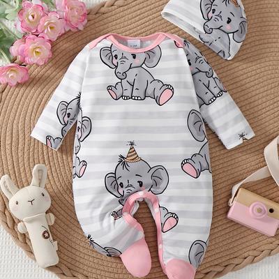 TEMU Newborn Baby's Cartoon Elephant Stripe Pattern Long Sleeve Footie & Hat, Toddler & Infant Girl's Comfy Footed Romper For Spring Fall